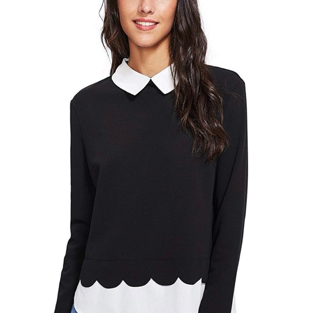 DownEast Black and White Scallop Blouse